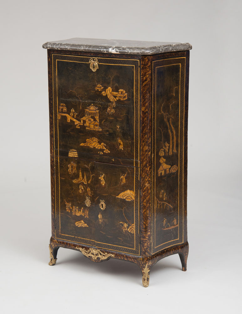 Appraisal: LOUIS XV XVI ORMOLU-MOUNTED BLACK LACQUER AND PARCEL-GILT SECRETAIRE BATTANT