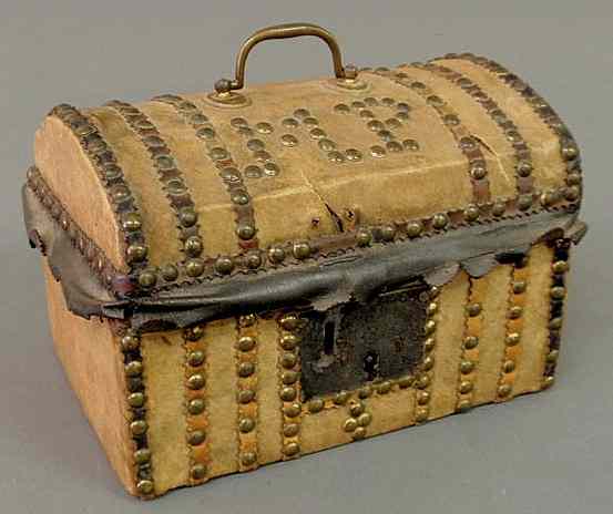 Appraisal: Early buckskin storage box with initials MP and brass stud