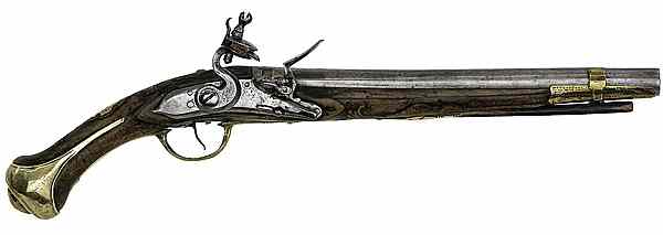 Appraisal: Early Mid-Eastern Flintlock Pistol bore diameter barrel with engravings Three