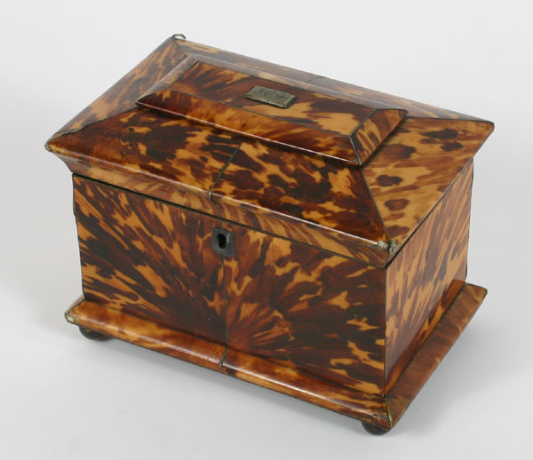 Appraisal: English tortoise shell tea caddy two compartments with applied shell