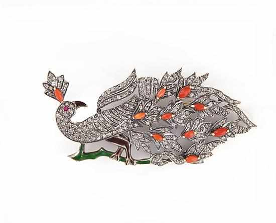 Appraisal: Victorian gem-set and enamel peacock brooch circa silver-washed K yellow