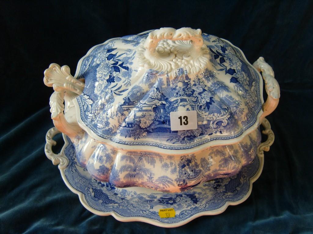 Appraisal: A th century blue and white printed -handled soup tureen