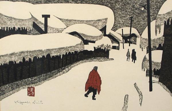 Appraisal: Kiyoshi Saito Village Scene Winter color woodblock height in length