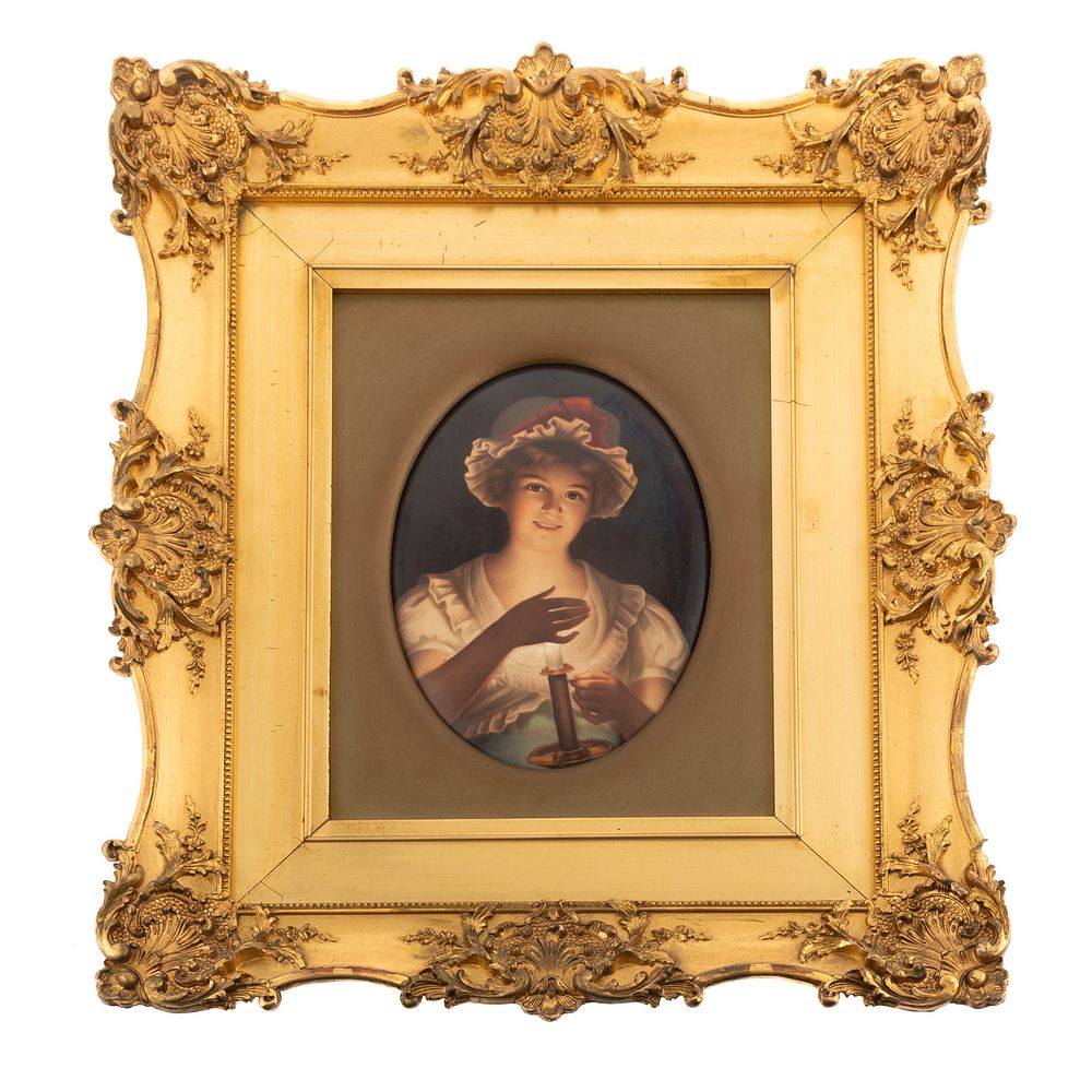 Appraisal: KPM Painted Porcelain Plaque Depicting a girl in nightclothes holding