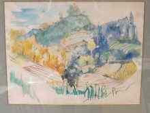 Appraisal: A watercolour of mediterranean vineyards indistinctly signed bottom right ''Mooneus''