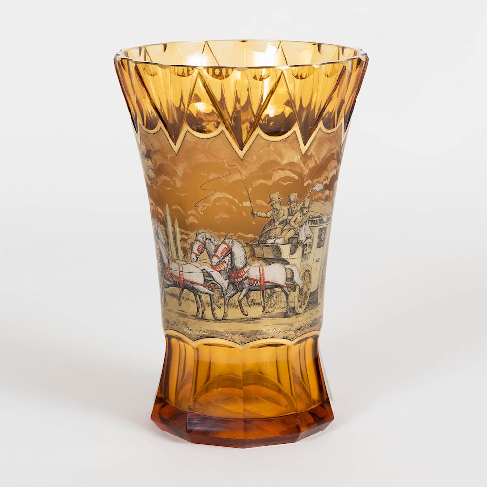 Appraisal: Moser Gilt Decorated Amber Glass Vase Decorated with a carriage