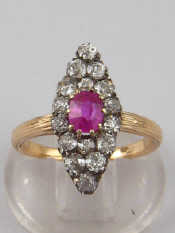 Appraisal: A fine antique carat gold marquise shape ruby and diamond