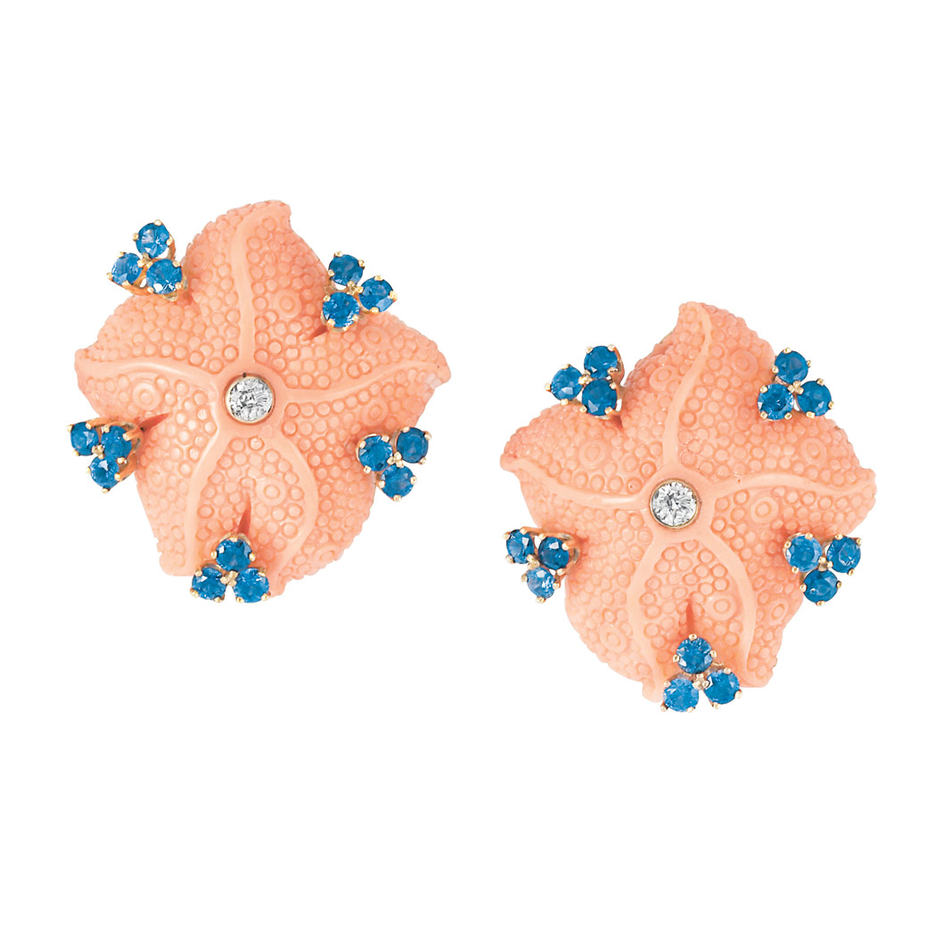 Appraisal: Pair of Gold Carved Coral Sapphire and Diamond Starfish Earrings