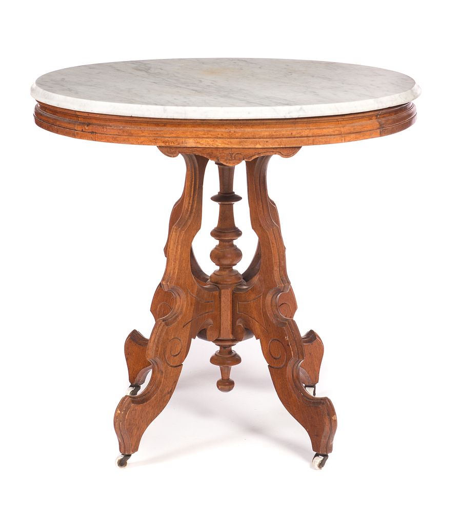 Appraisal: Walnut Victorian Oval Marble Table Walnut Victorian Oval Marble Table