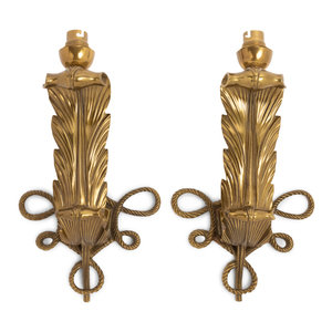 Appraisal: A Pair of Patinated Bronze Single-Light Feather Sconces in the