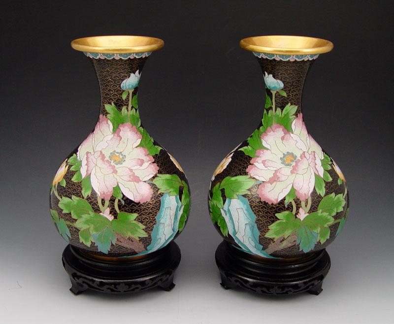 Appraisal: PAIR CHINESE BLACK GROUND CLOISONNE VASES Floral design on black