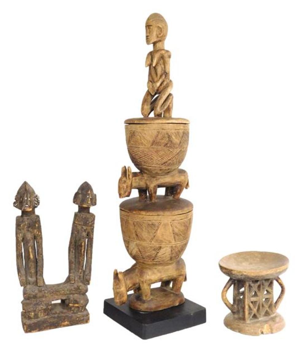 Appraisal: TRIBAL Two Large West African Sculptures and East African stool