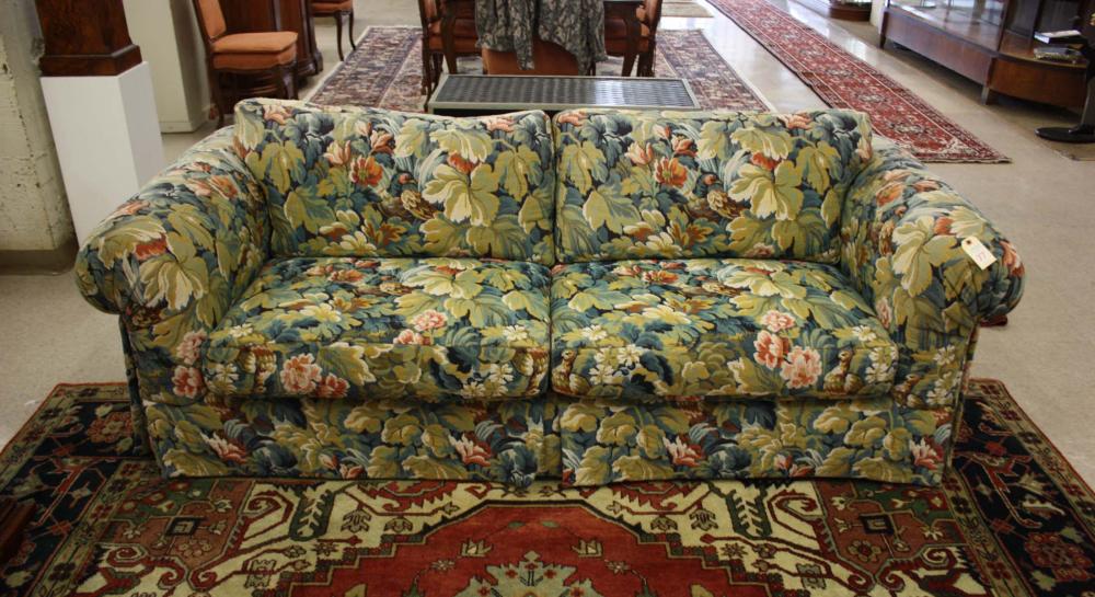 Appraisal: CUSTOM FLORAL TAPESTRY SOFA Interior Crafts Inc labeled Chicago traditional