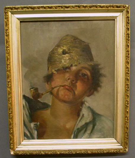 Appraisal: Oil on canvas painting of boy with pipe x