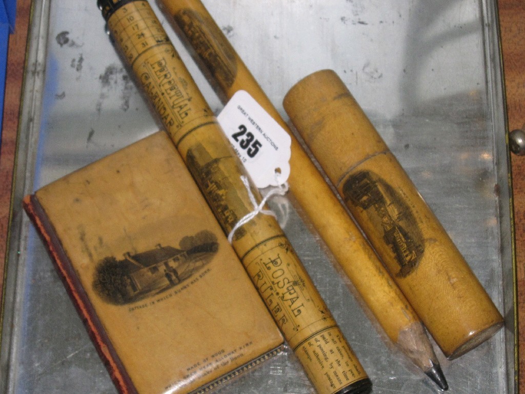 Appraisal: Lot comprising Mauchline pencil calendar Burns book and needle case