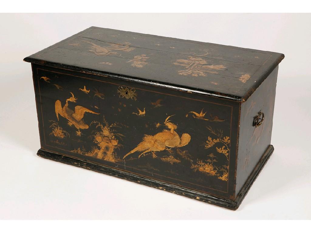 Appraisal: A GEORGE I JAPANNED CHEST the rectangular top decorated with