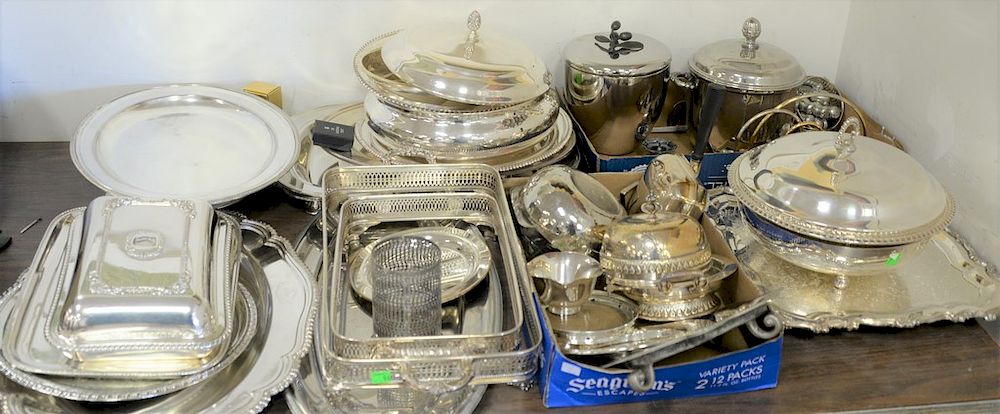 Appraisal: Large group of silver plate to include serving trays ice