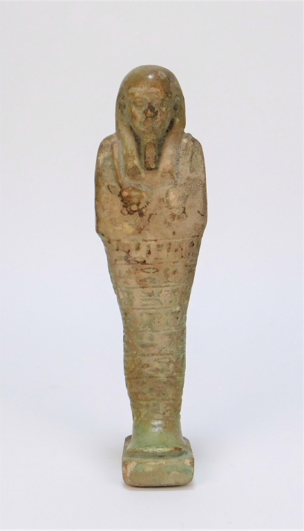 Appraisal: ANCIENT EGYPTIAN FAIENCE POTTERY USHABTI EgyptCirca BCMummiform statue with hieroglyphs