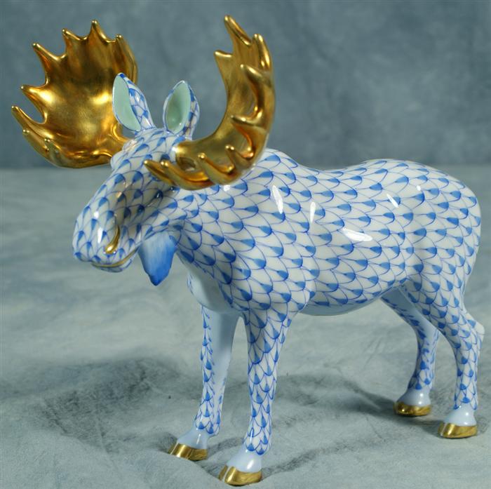 Appraisal: Herend fishnet figurine blue moose long no damage Estimate -