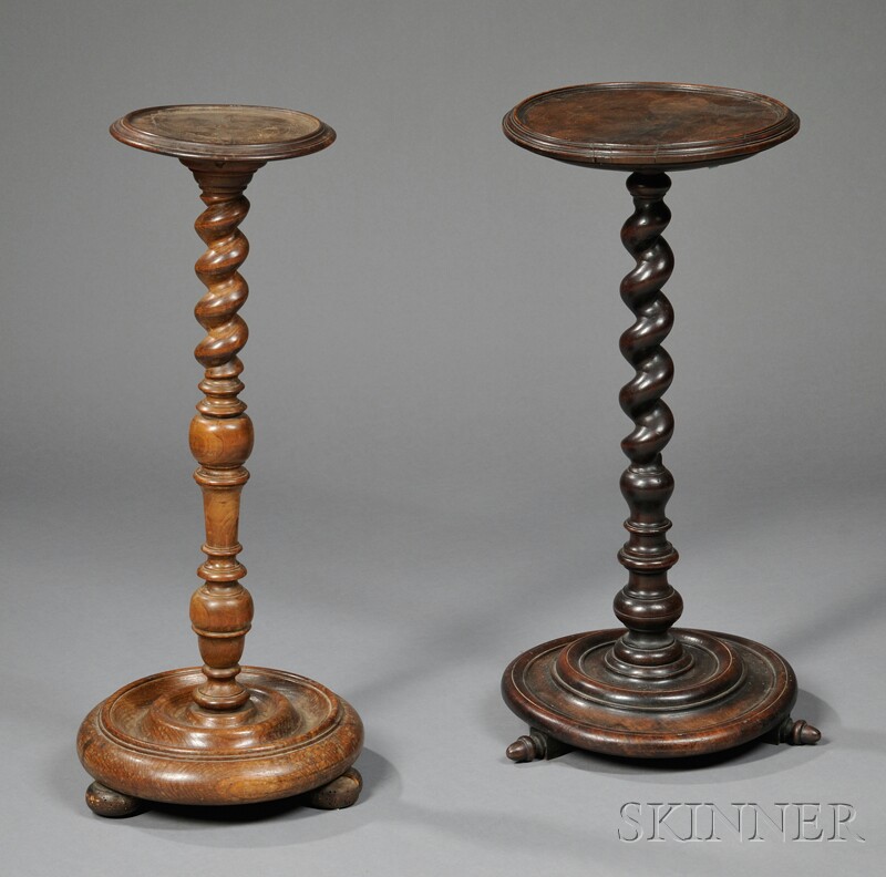 Appraisal: Two Turned Candlestands one oak with circular platform on a