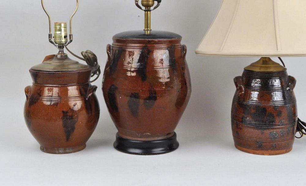 Appraisal: Three French Glazed Country Pottery Jugs As Lamps Largest high