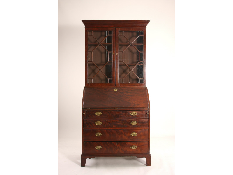 Appraisal: Secretary Desk English ca two part form figured mahogany veneers