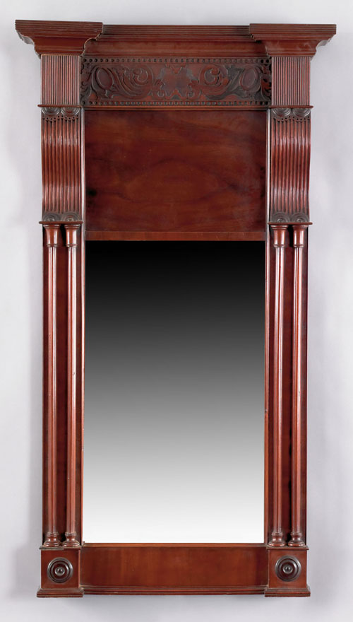 Appraisal: Late Federal mahogany mirror ca with a floral carved frieze