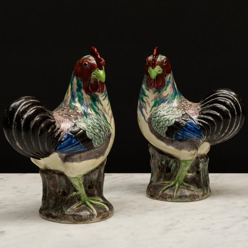 Appraisal: Pair of Chinese Export Famille Verte Porcelain Models of Cockerels