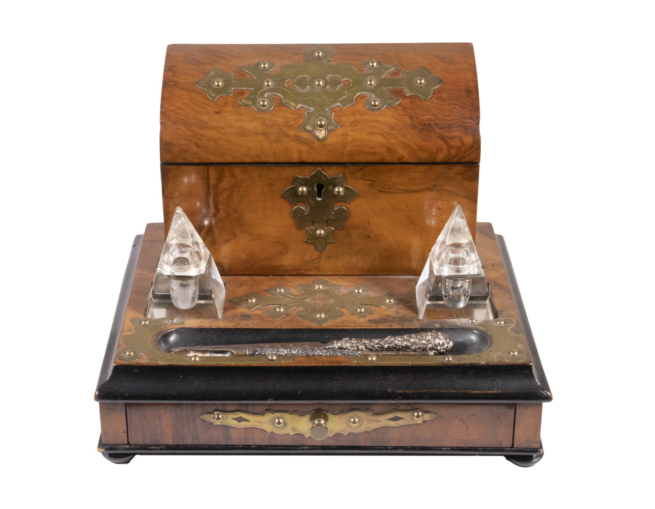 Appraisal: VICTORIAN STATIONARY BOX INKSTAND Late th c Brass Mounted Burl