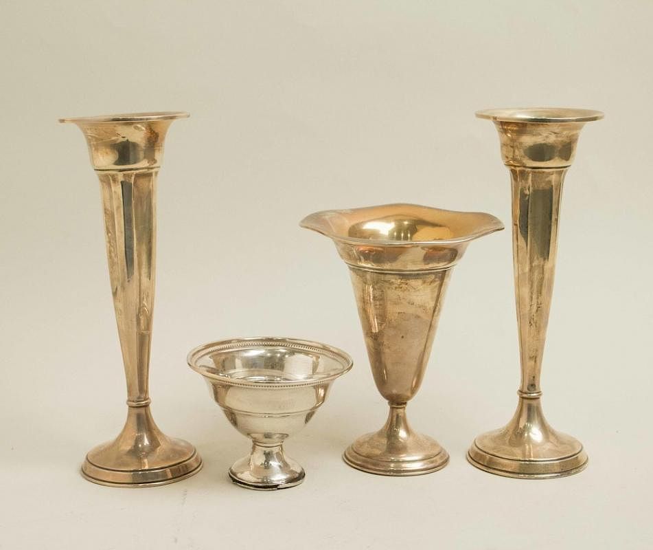 Appraisal: Sterling Vases and Bowl Four pieces of weighted sterling silver