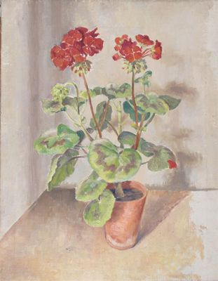 Appraisal: Margaret Davis th Century Red pelargonium in a pot Oil