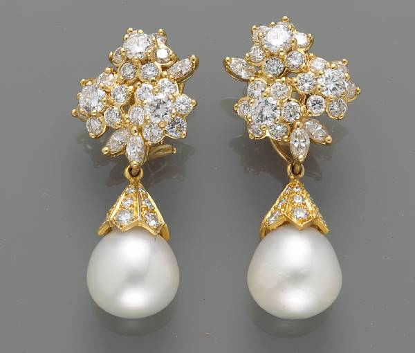 Appraisal: A pair of cultured pearl and diamond earrings pearl drops