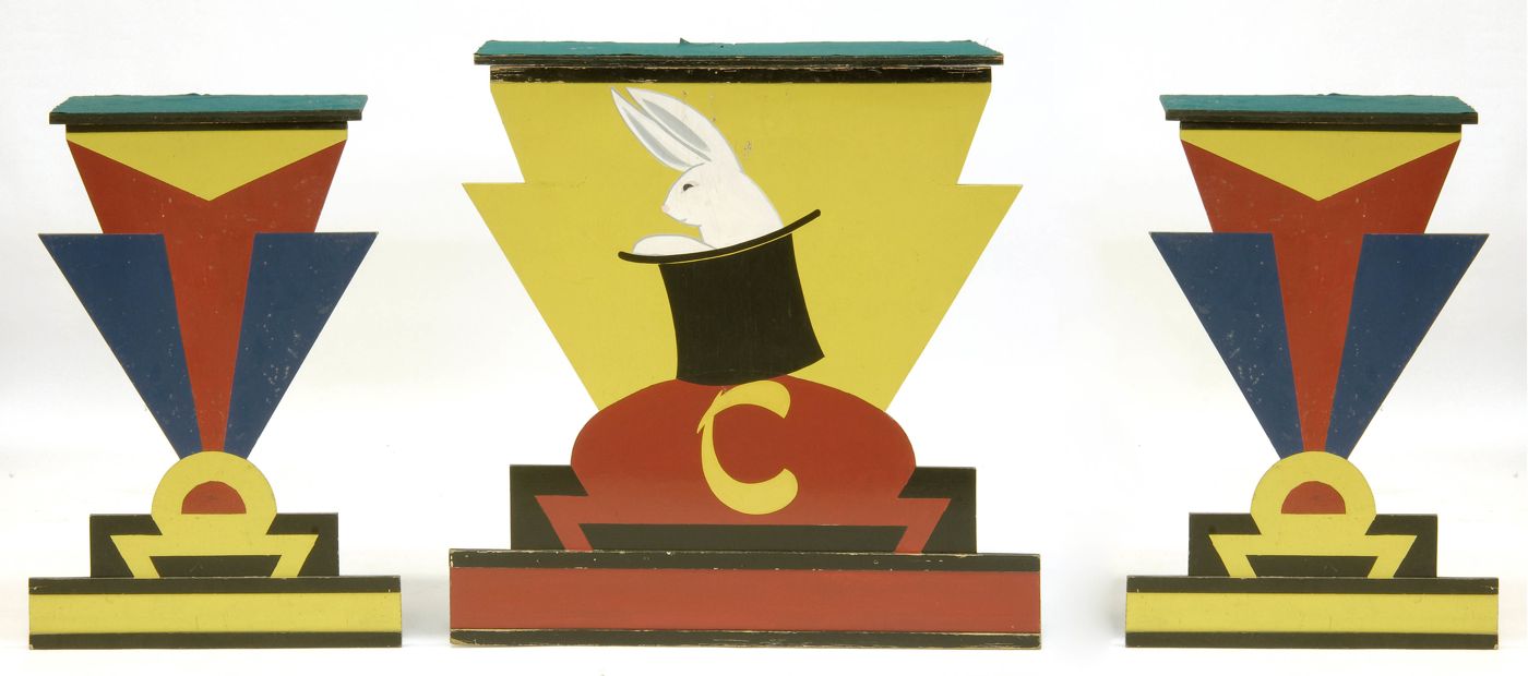 Appraisal: WHIMSICAL COLLECTION OF MAGICIAN'S HAND-PAINTED WOODEN PROPS Painted wooden table