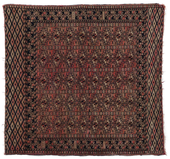 Appraisal: Turkoman rug c repeating geometric pattern with wide borders some