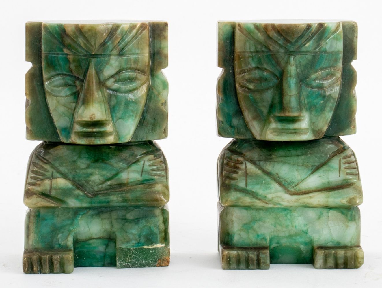 Appraisal: MID-CENTURY MAYAN FIGURE JADE BOOKENDS Pair of Mid-Century jade book