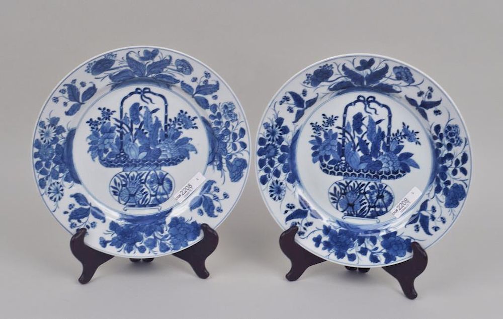 Appraisal: Pair Chinese Blue White Porcelain Plates with flower basket motif