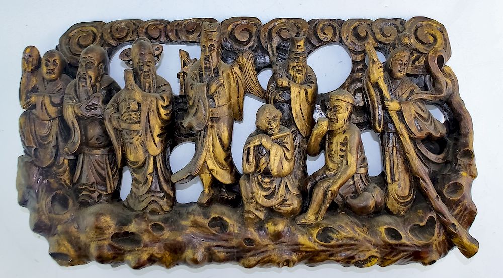 Appraisal: Old Chinese Carved Wood Wise Men Relief Plaque Chinese carved