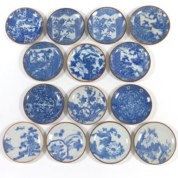 Appraisal: FOURTEEN JAPANESE TRANSFER WARE BLUE AND WHITE PORCELAIN IGEZARA PLATES