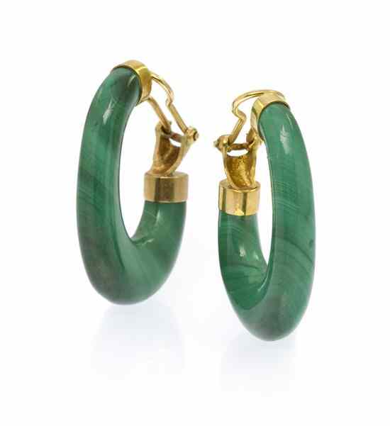 Appraisal: A Pair of Karat Yellow Gold and Malachite Hoop Earclips