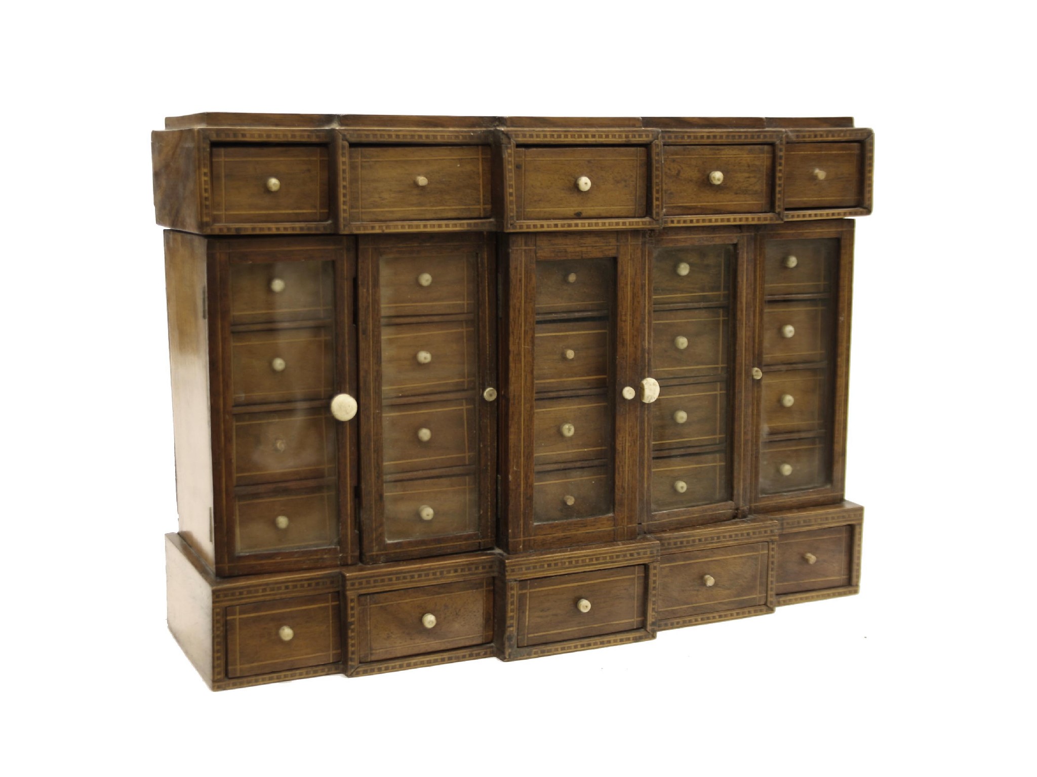 Appraisal: Walnut apprentice specimen table top breakfront cabinet with five rows