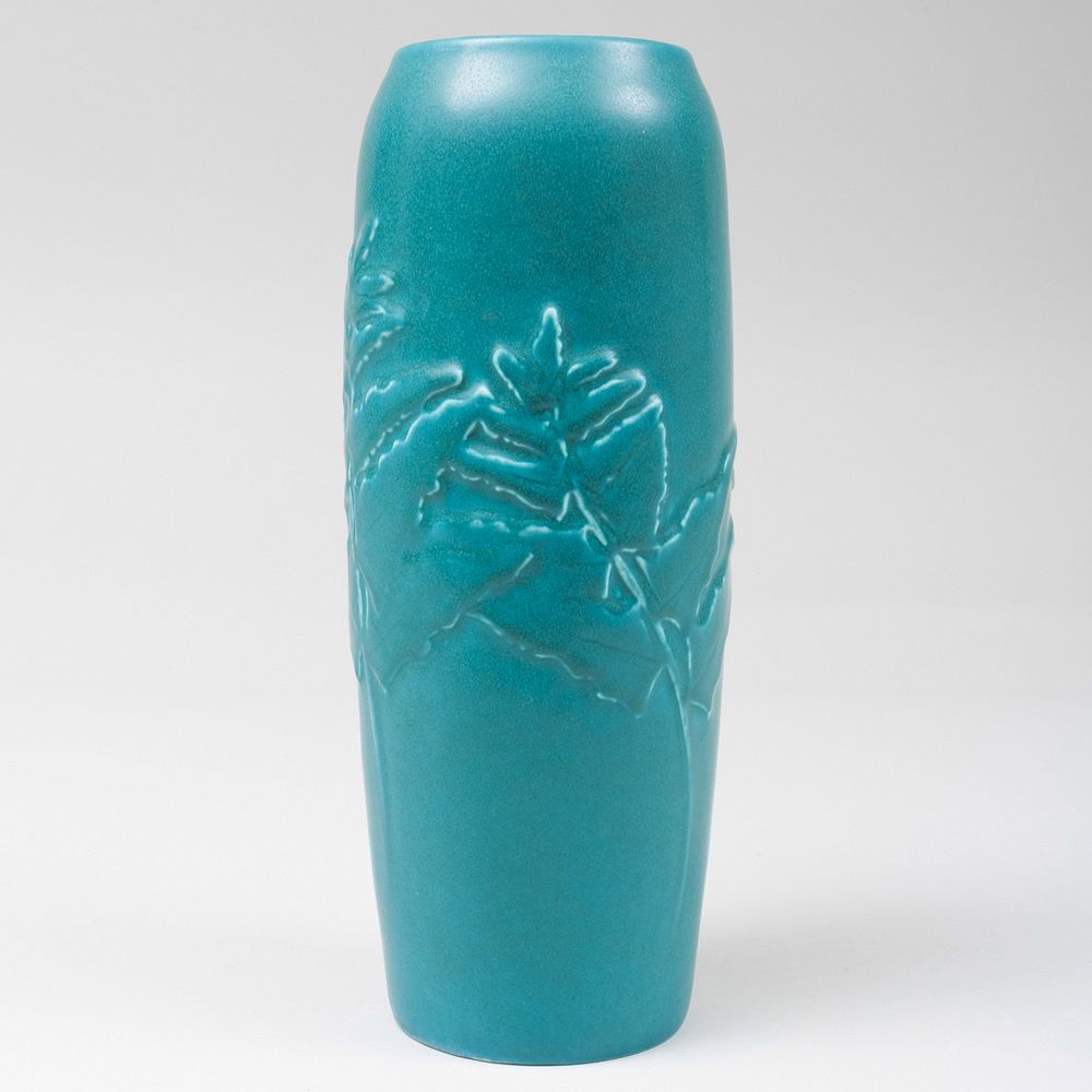 Appraisal: Rookwood Pottery Turquoise Glazed Vase Molded with Leaves Impressed mark