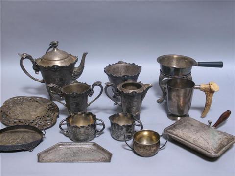 Appraisal: INTERESTING GROUP OF SILVERPLATED WARES Comprising a rectangular silent butler