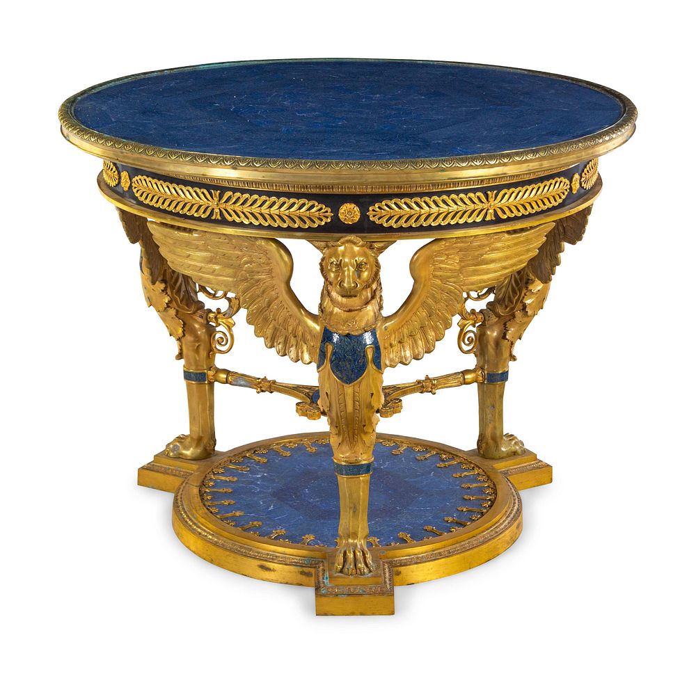 Appraisal: An Empire Style Gilt Bronze and Lapis Lazuli Veneered Gueridon