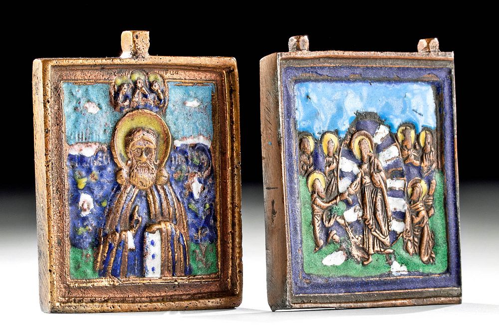 Appraisal: Two th C Turkish Brass Enamel Traveling Icons Eastern Europe