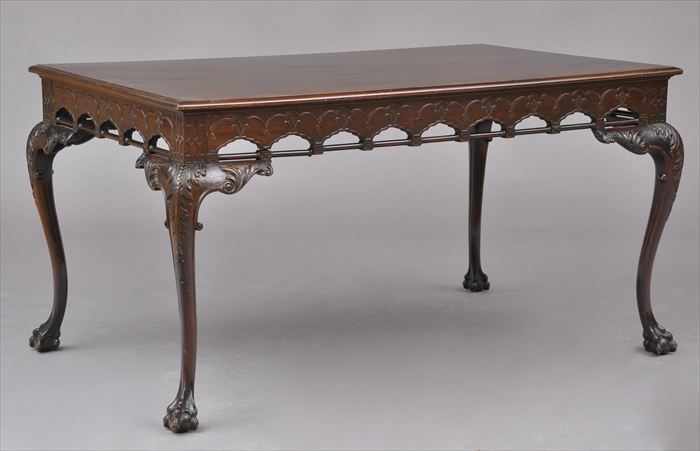 Appraisal: GEORGE III-STYLE CARVED MAHOGANY CENTER TABLE POSSIBLY IRISH The rectangular