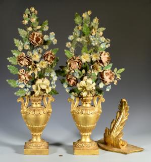 Appraisal: Pr Gilt Wood Painted Tole Table Ornaments Pair of Italian