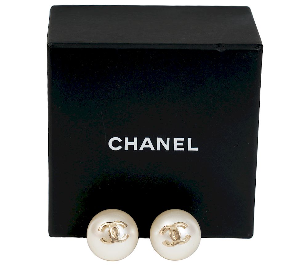 Appraisal: Chanel Faux Pearl Pierced Earrings Gold Large Faux Pearl mm