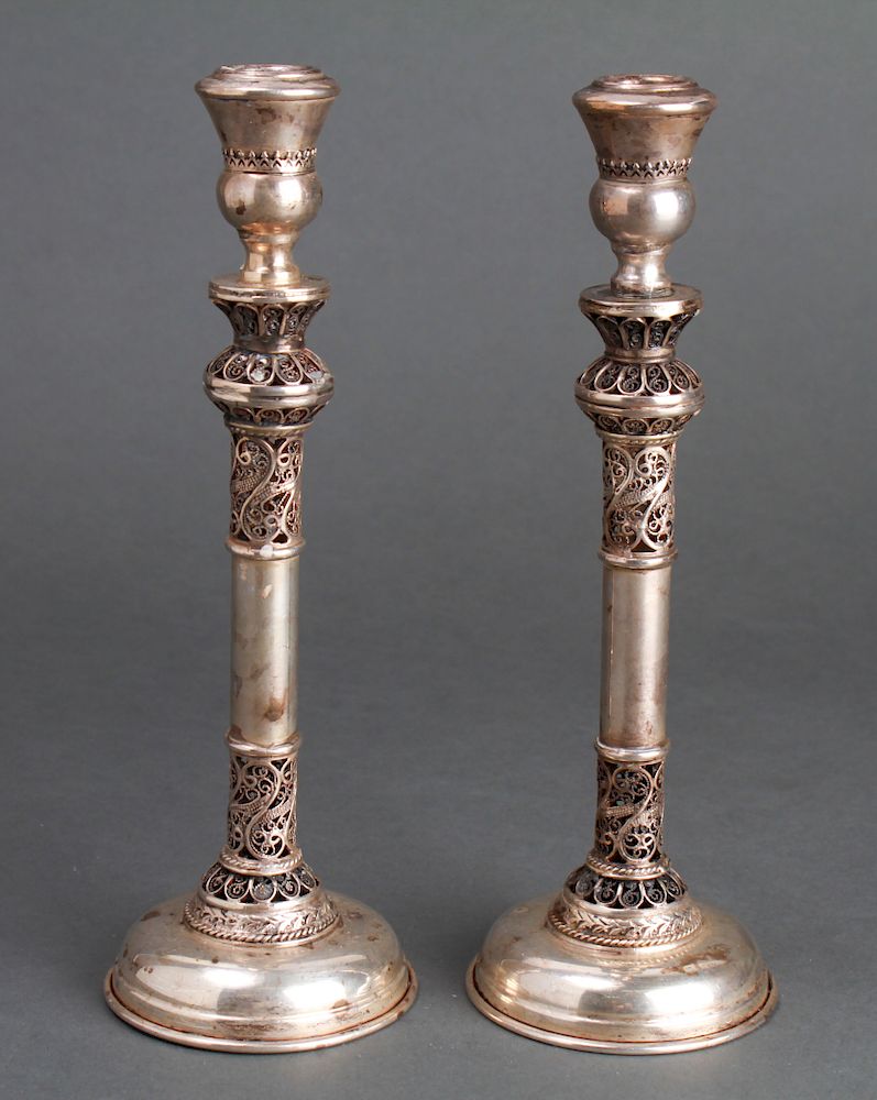 Appraisal: Judaica Silver Filigree Shabbat Candlesticks Pr Judaica sterling silver pierced