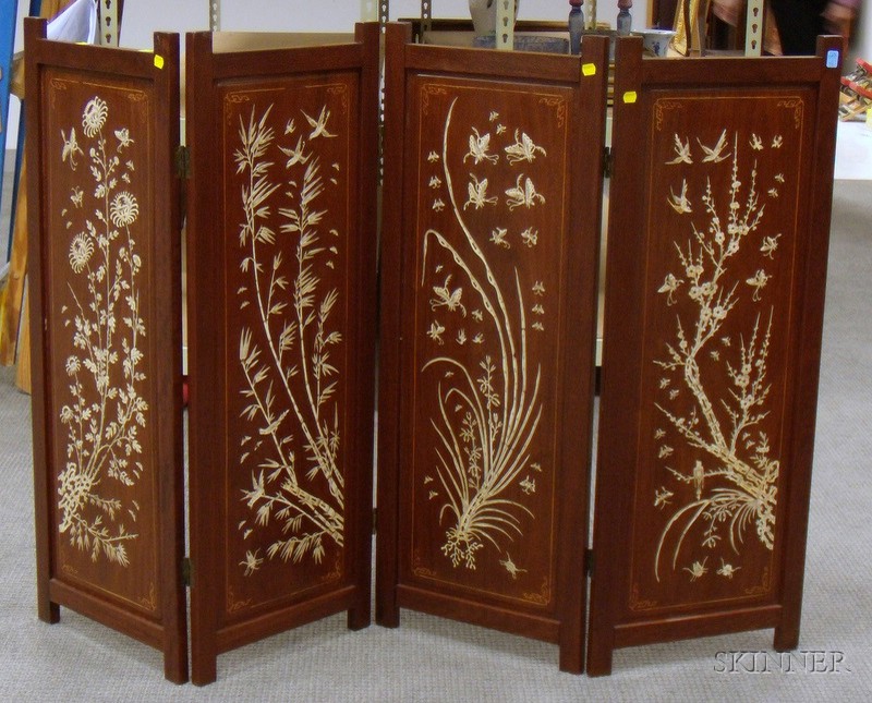 Appraisal: Asian Export Bone Inlaid Hardwood Four-Panel Floor Screen ht panel