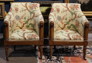 Appraisal: Pair of Georgian style fruitwood tub-back chairs the seat and